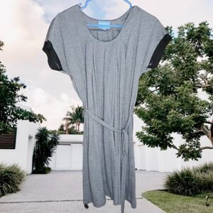 Simply Vera Vera Wang Dark Gray Tie Belt Dress with Pleats and Black Sheer Edges